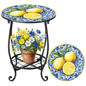 Cinnvoice round lemon pattern table top enhances outdoor decor and adds focal charm.