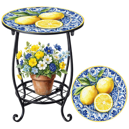 Cinnvoice round lemon pattern table top enhances outdoor decor and adds focal charm.