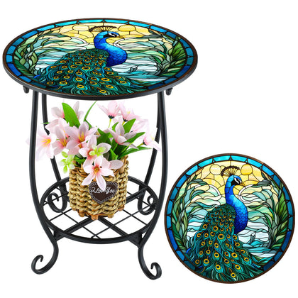 Cinnvoice outdoor round side table with peacock mosaic pattern for patios.