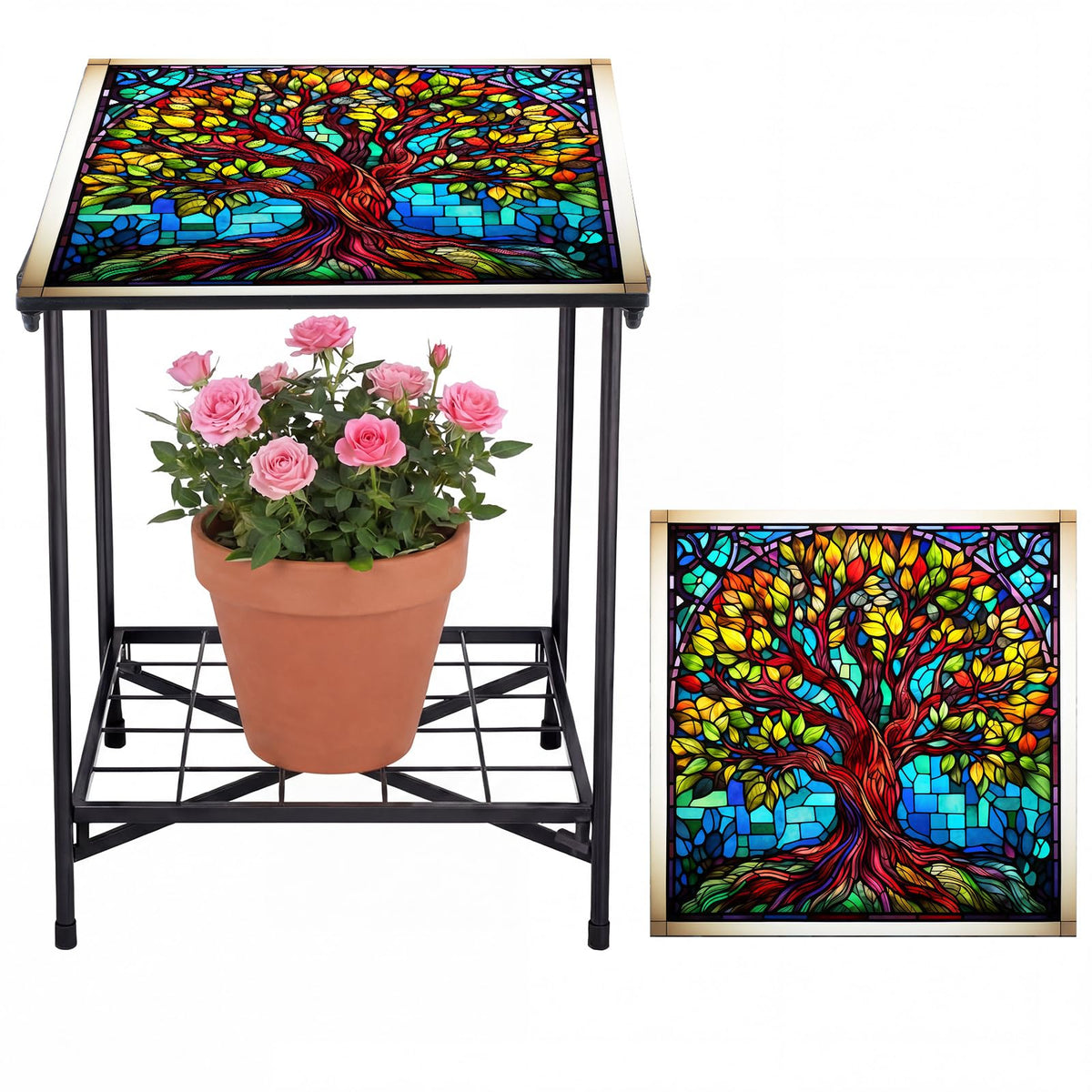 Cinnvoice outdoor side table with tree-of-life pattern and two storage tiers