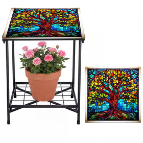 Cinnvoice outdoor side table with tree-of-life pattern and two storage tiers