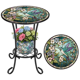 Cinnvoice hummingbird-style two-tier round outdoor table with mosaic top for plants.