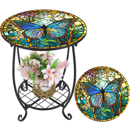 Cinnvoice outdoor side table with butterfly-pattern top enhances patio decor while saving space.