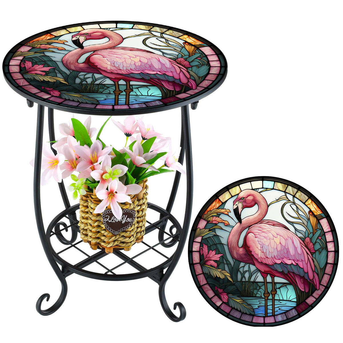Cinnvoice outdoor round mosaic side table with flamingo style, ideal for patio drinks.