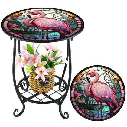 Cinnvoice outdoor round mosaic side table with flamingo style, ideal for patio drinks.