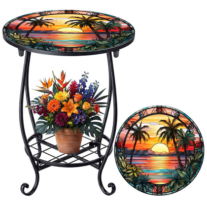 Cinnvoice outdoor round side table with palm-pattern top, ideal for compact patios and plants.