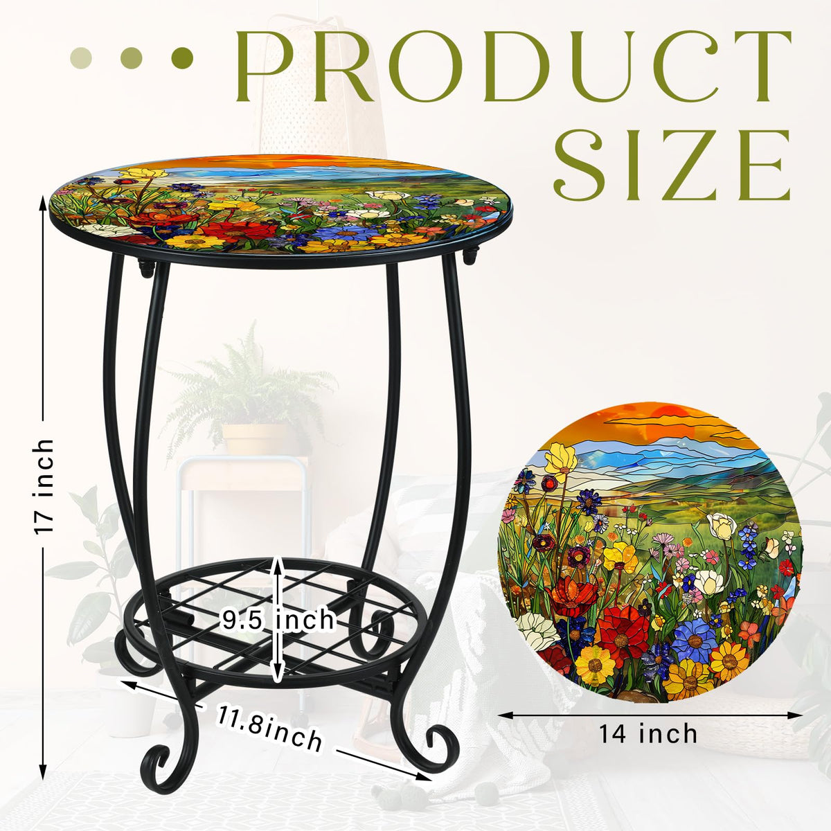 Cinnvoice round side table top view shows sturdy iron art, great for drinks and decor.