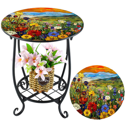 Cinnvoice outdoor round side table with two-layer butterfly pattern, ideal for displaying plants.