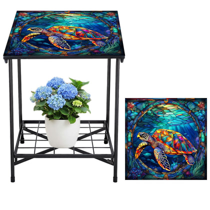 Cinnvoice outdoor side table with turtle pattern for plants, drinks, and decor on patios.