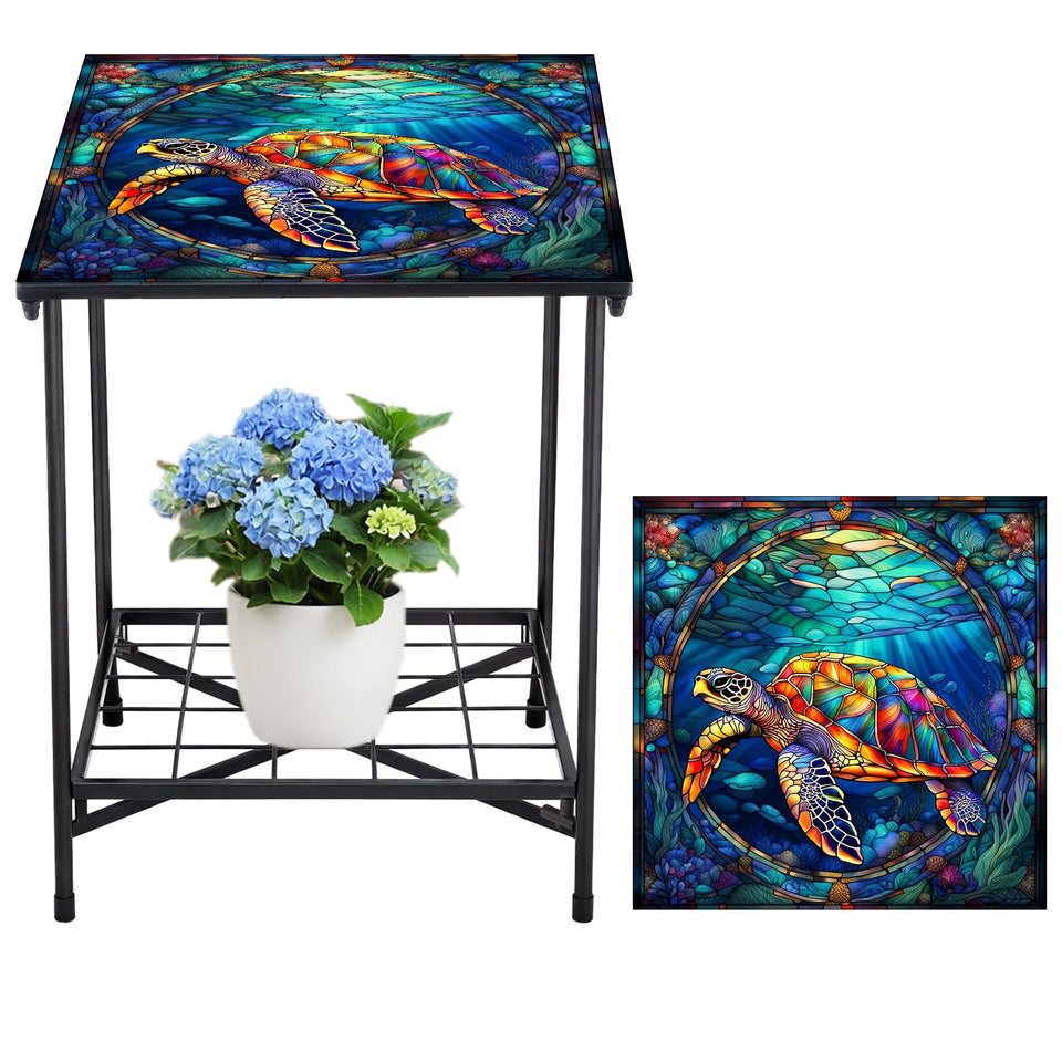 Cinnvoice outdoor side table with turtle pattern for plants, drinks, and decor on patios.