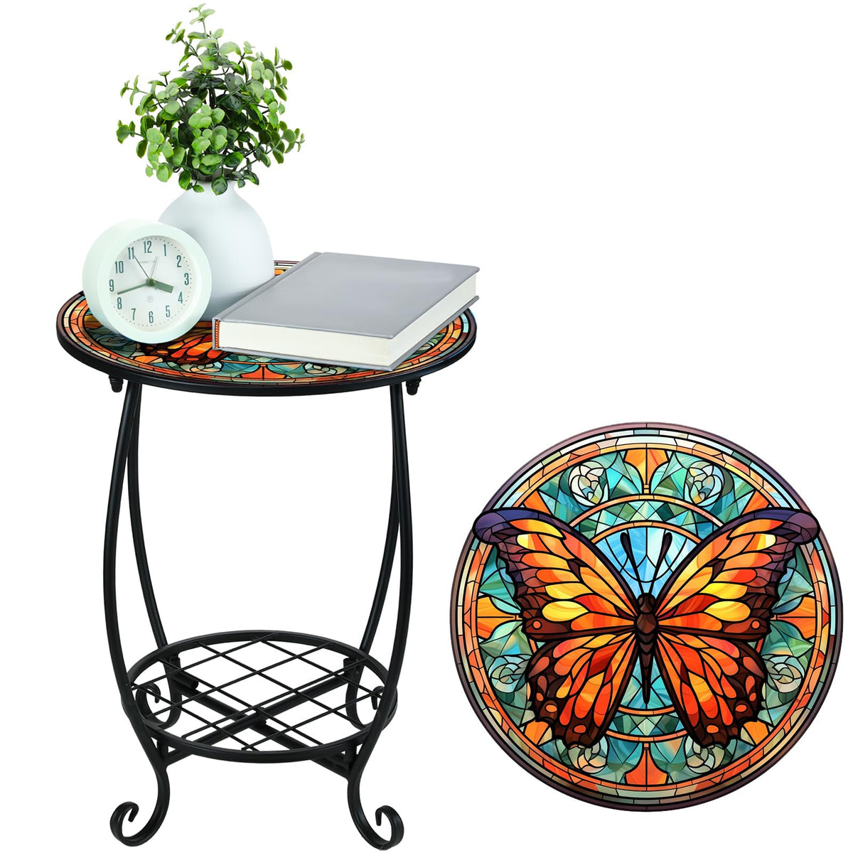 Plant display on elevated lower shelf of the Cinnvoice round table