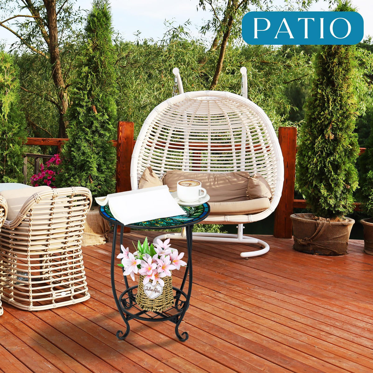 Cinnvoice round patio side table with scratch-resistant top for cups and decor.