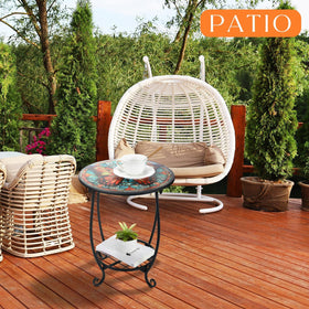 Table holding drinks on a patio, showcasing use as a drink station