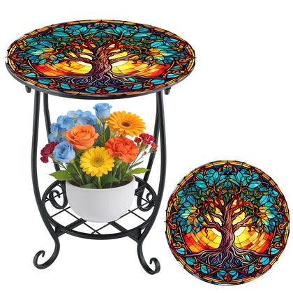 Cinnvoice Tree of Life outdoor side table with round top for patio decor and plants.