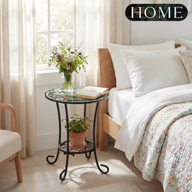 Cinnvoice two-tier table suitable for patio or living room corners.