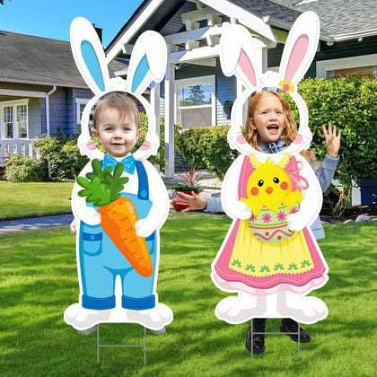 CiniQy 2Pcs 32in Easter bunny face-hole sign, fun photo props for outdoor egg hunts.