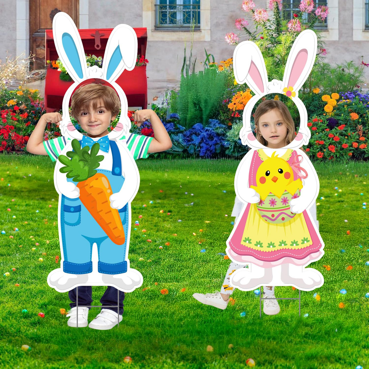 CiniQy giant bunny signs create an eye-catching spring garden display.