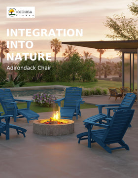 Ciokea Adirondack chair with retractable ottoman beside a fire pit for relaxing outdoors.
