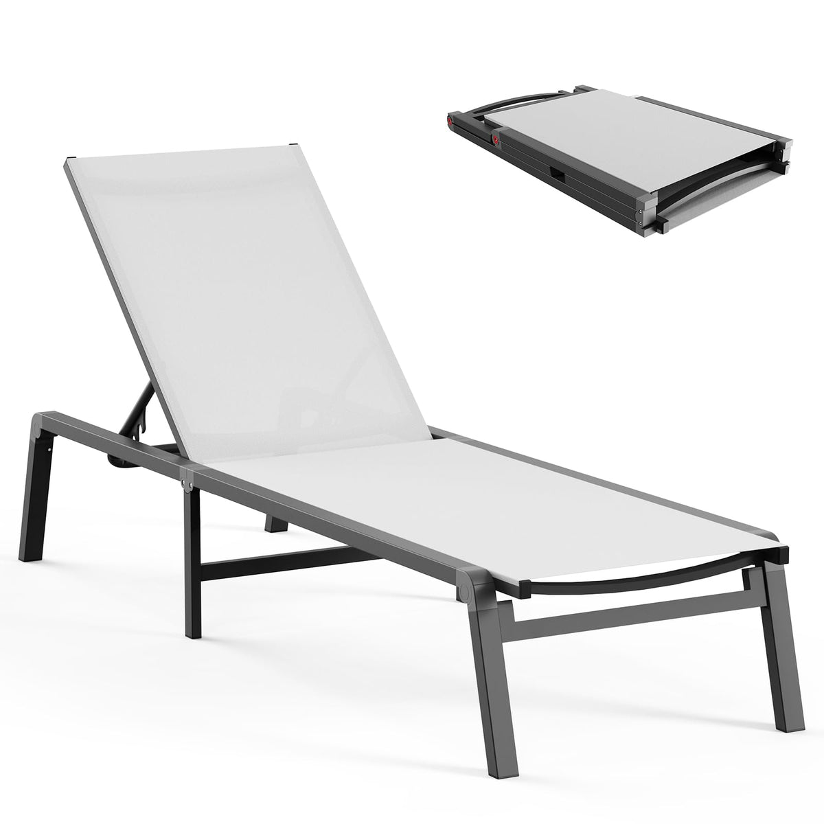 Ciokea aluminum chaise lounge with foldable design for easy storage and transport.