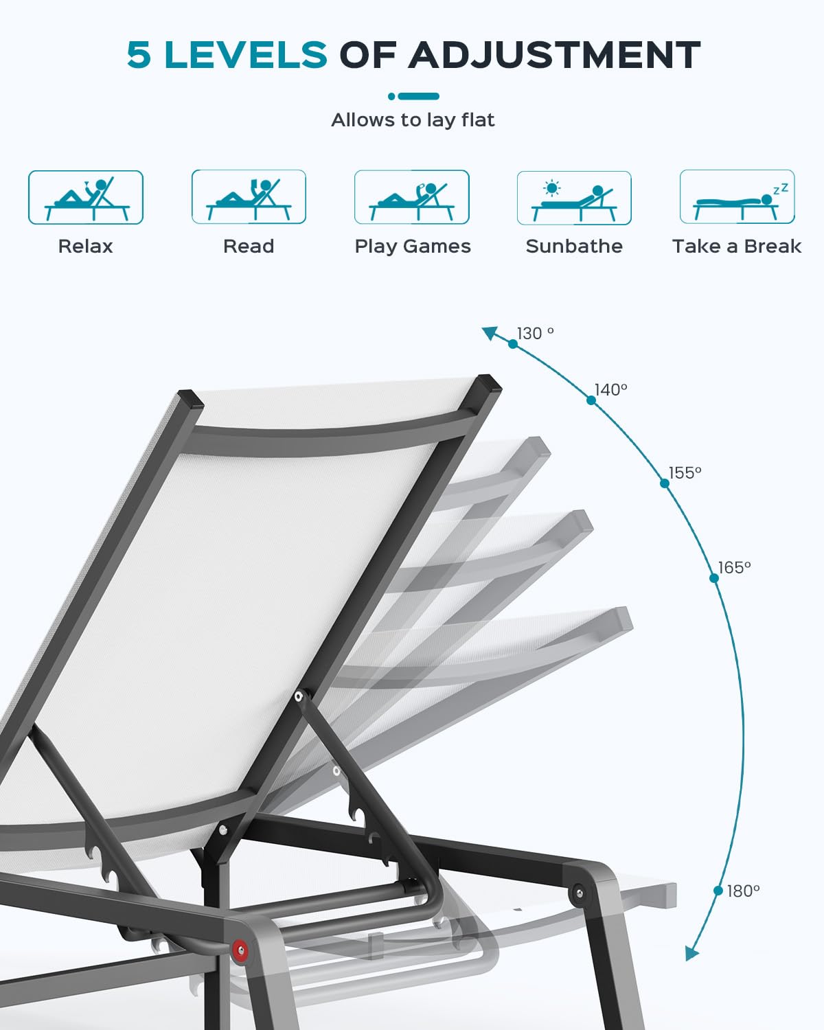 Ciokea chaise offers 5-position backrest for customizable lounging comfort.