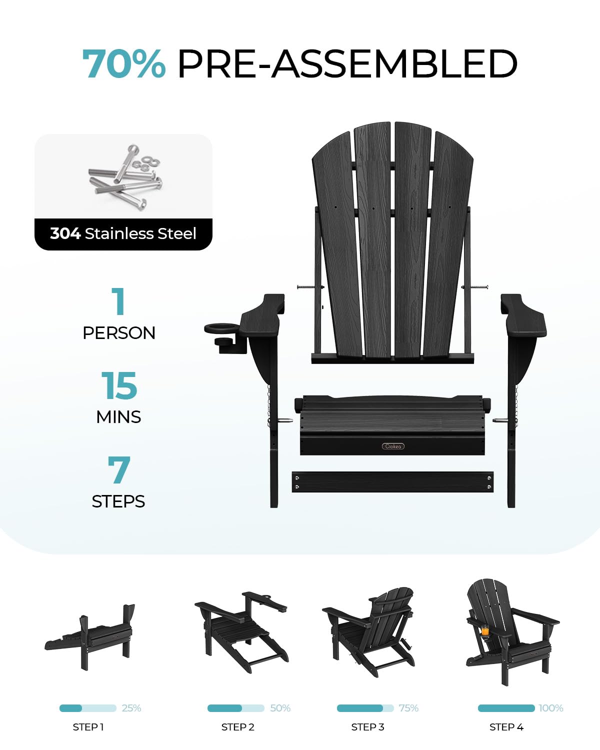 Ciokea folding Adirondack chair in black color for patio or deck