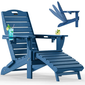 Ciokea folding Adirondack chair in navy blue with foldable design for space saving outdoors.