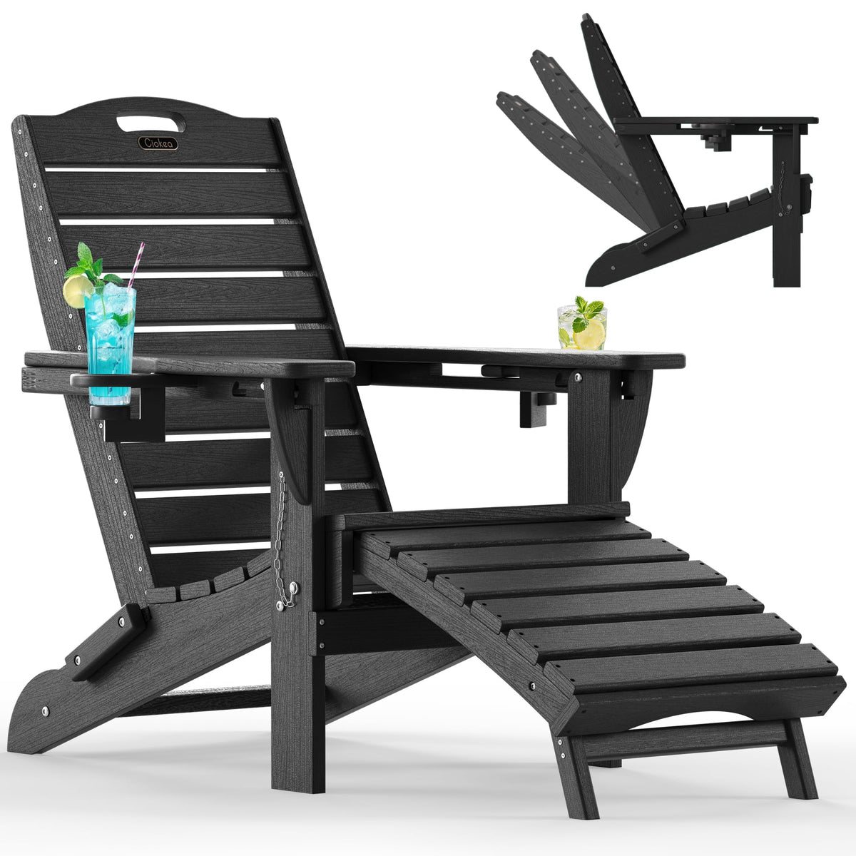 Ciokea folding Adirondack chair with retractable ottoman and fire pit for outdoor lounging.