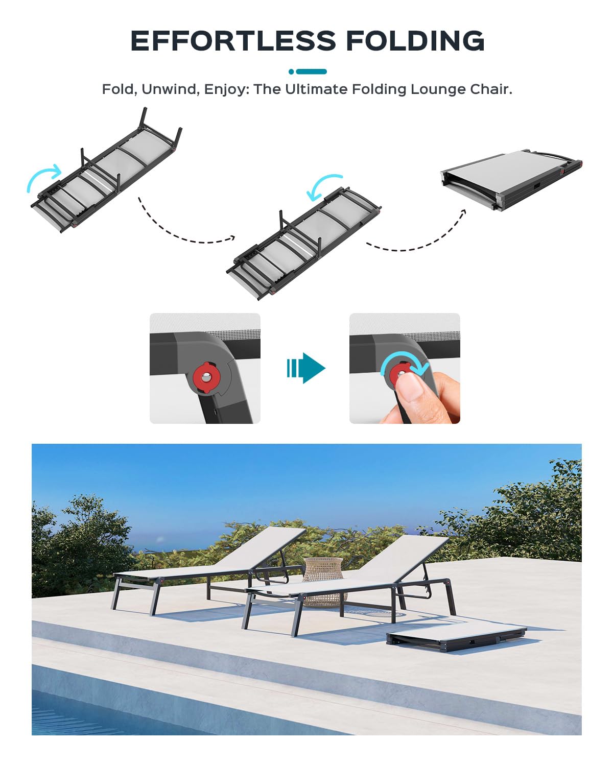 Ciokea lightweight, durable frame suits travel, poolside, and patio lounging.