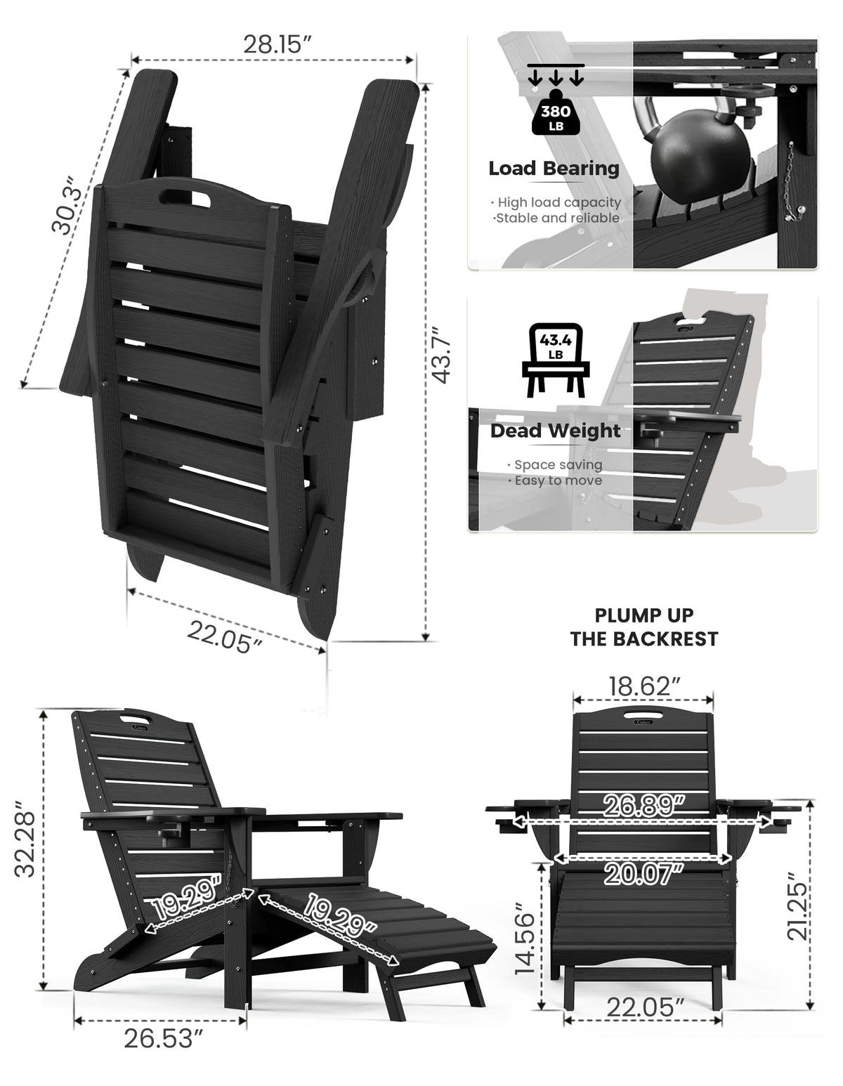 Ciokea foldable outdoor lounge chair ready for transport and storage.