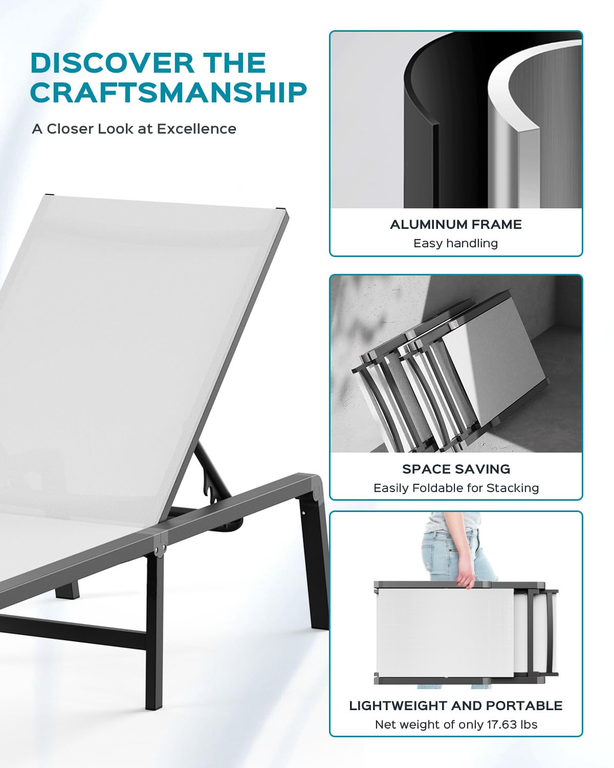 Ciokea white outdoor chaise complements modern patios and poolside settings.