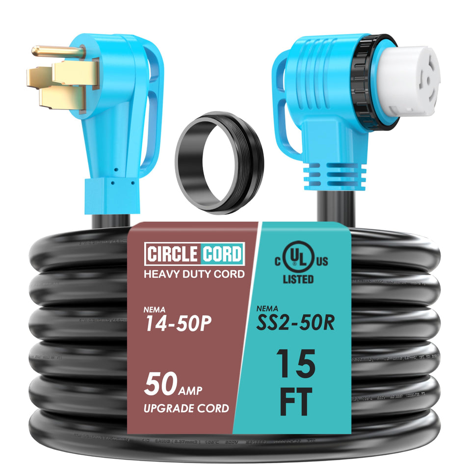 CircleCord 50A cord with 14-50P plug for RV hookups and generator power.