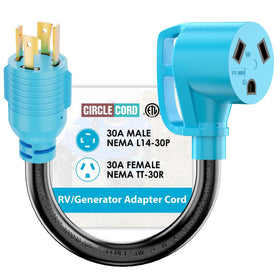 CircleCord locking L14-30P to TT-30R adapter with 12-inch cord for RV power.