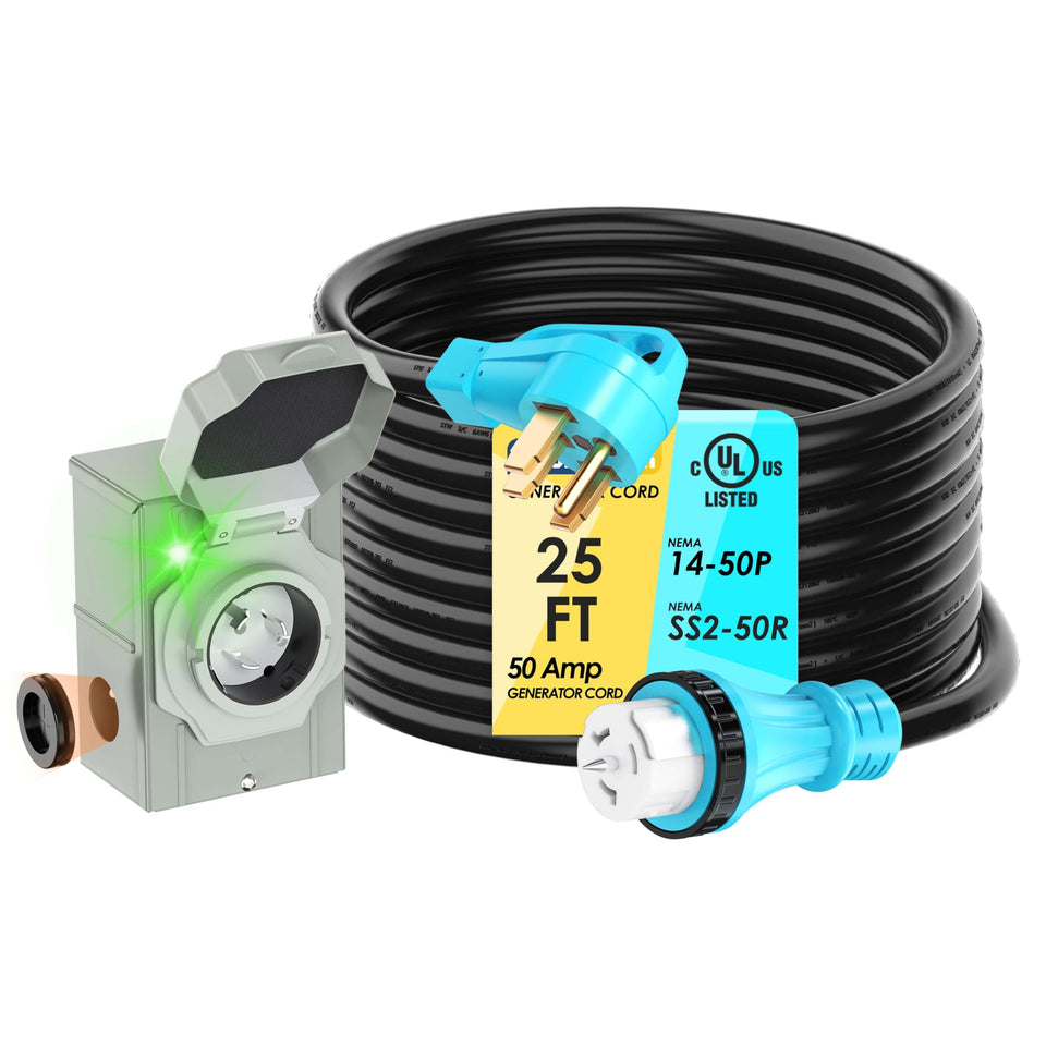 CircleRiver 50A generator cord, 25 ft, ideal for outdoor emergency power extensions.