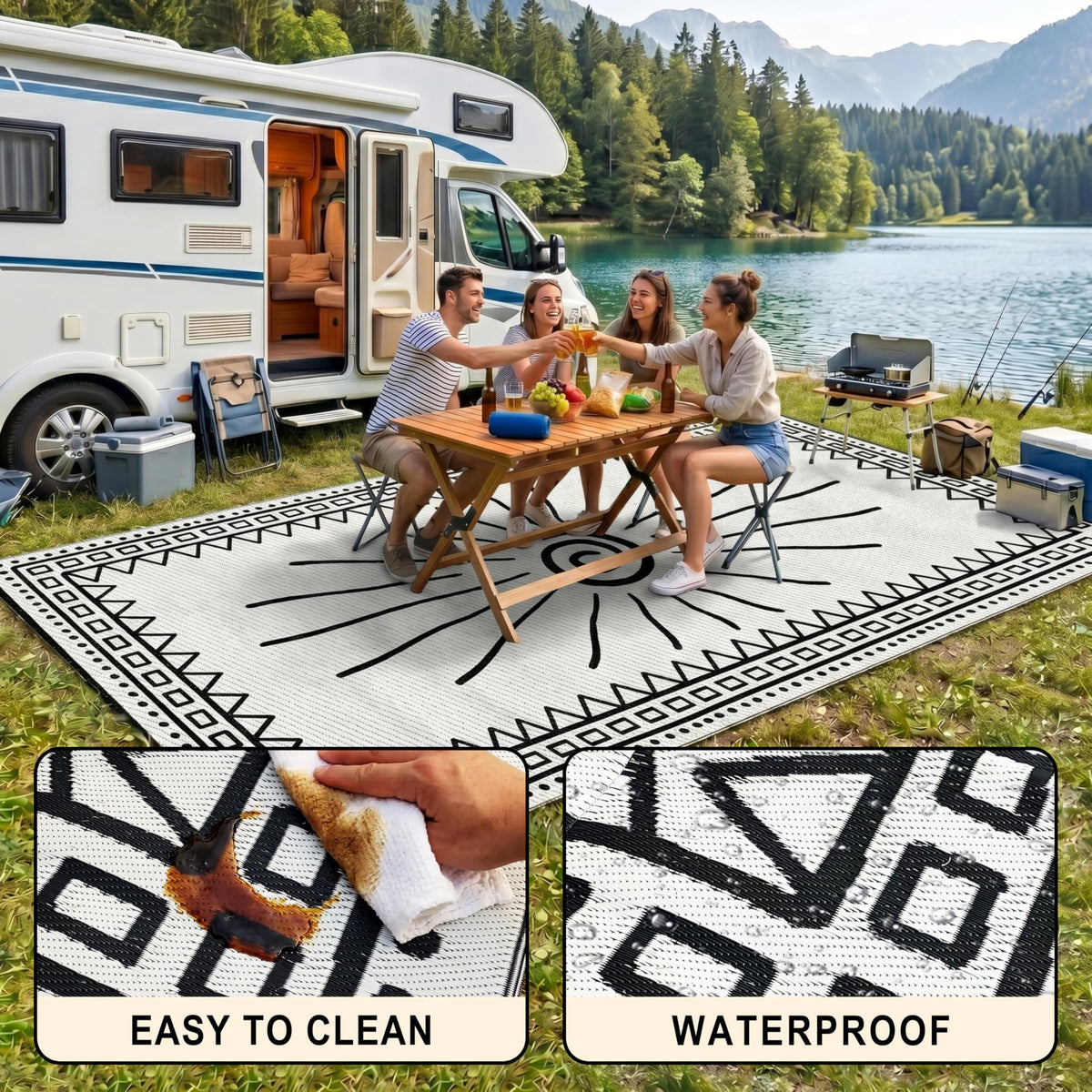 CircleRoad RV Outdoor Rug 9x12 in campsite use showing stake-down corners.
