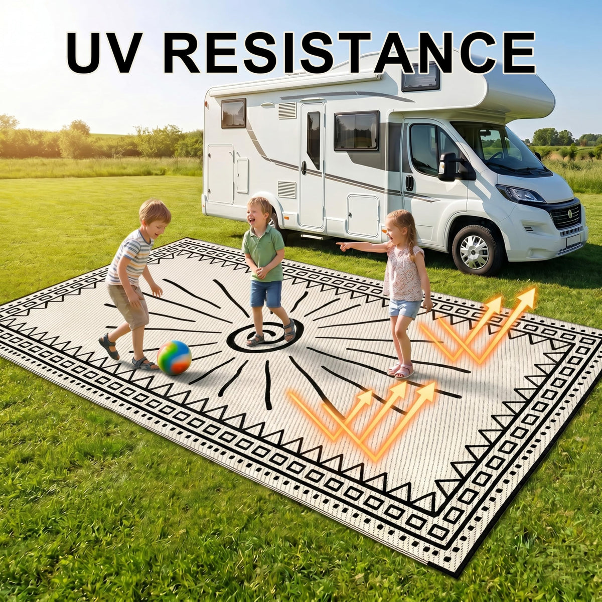 CircleRoad RV Outdoor Rug 9x12 with stakes securing a dry picnic area.