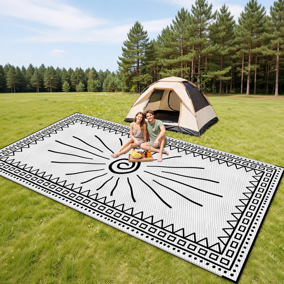 CircleRoad RV Outdoor Rug 9x12 top-down view with reversible texture and sturdy edging.