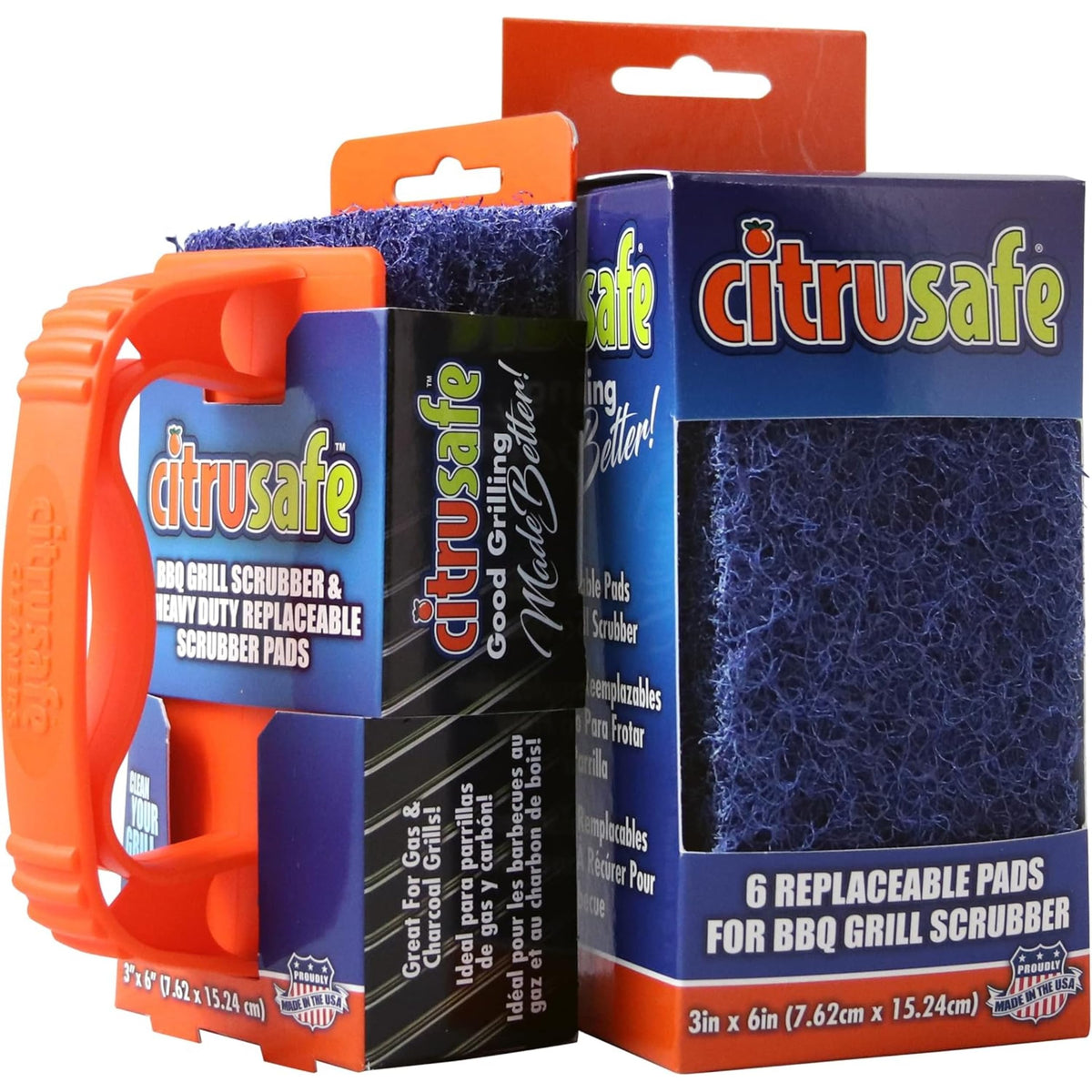 Citrusafe grill scrubber with heavy-duty handle for cool grill cleaning.