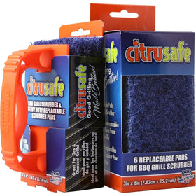 Citrusafe grill scrubber with heavy-duty handle for cool grill cleaning.