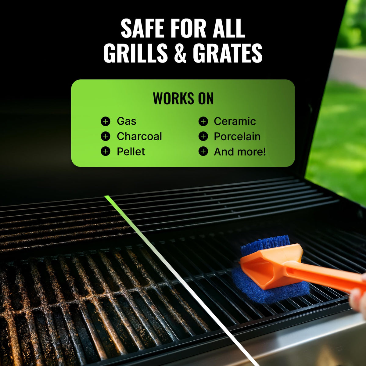 Citrusafe nylon bristles scrubbing a grill grate