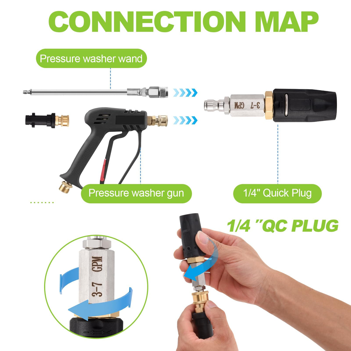 Ciunura quick-connect quarter-inch nozzle enables fast tool changes on compatible pressure washers.