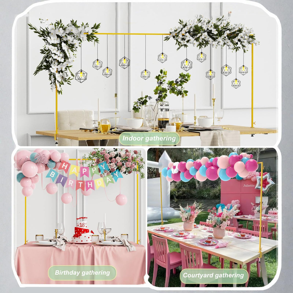 CJMYHOME over-table stand demonstrates adjustable height for party setups