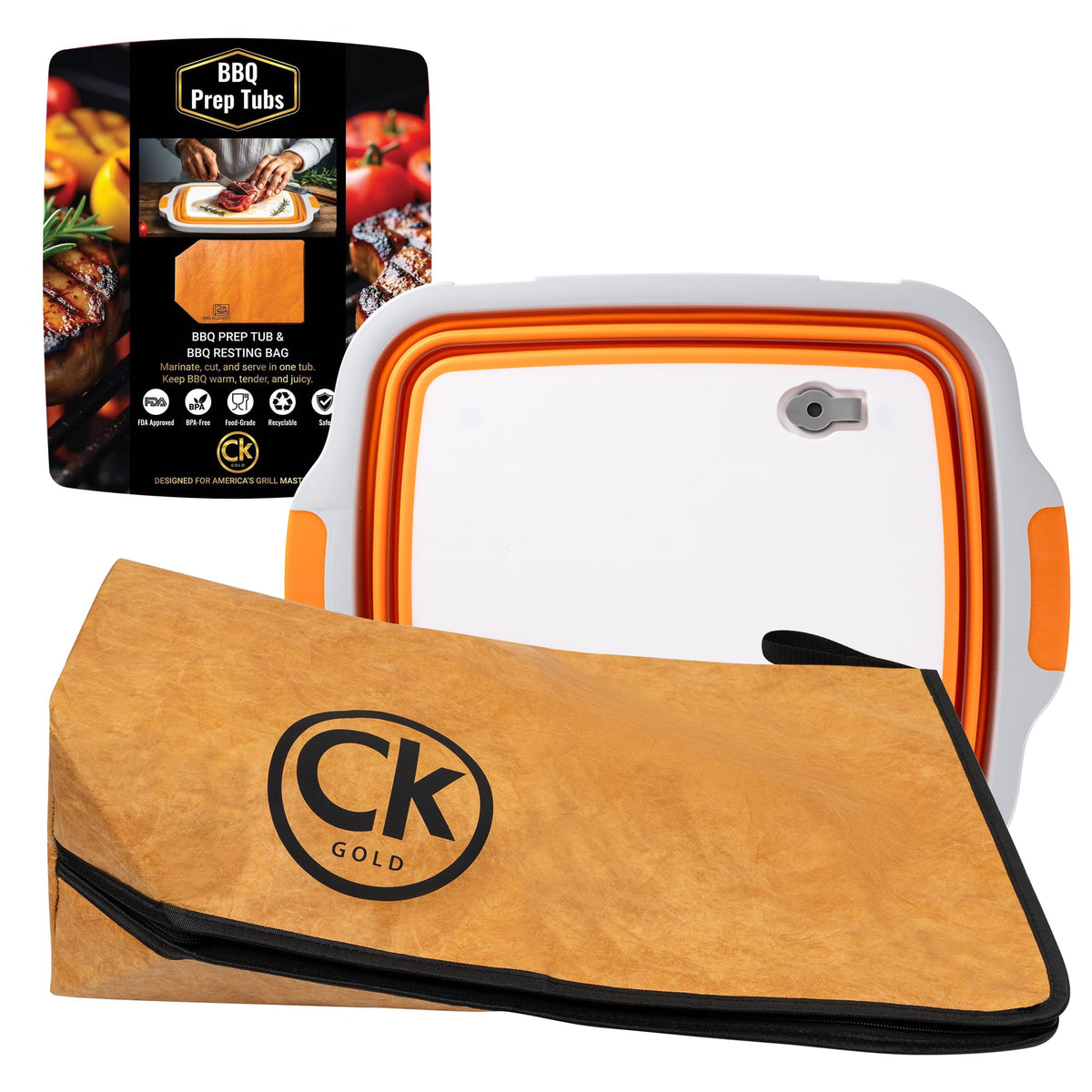 CK GOLD extra large collapsible BBQ prep tub with locking lid for mess-free marinating