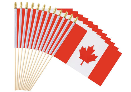 Ckexin 25-pack Canada flag 5x8 inches with detachable sticks for easy assembly.