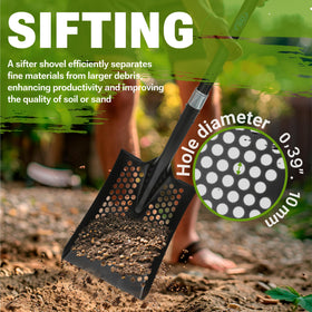 CKG Carbon Sand Sifter Shovel for garden soil screening and bed preparation.