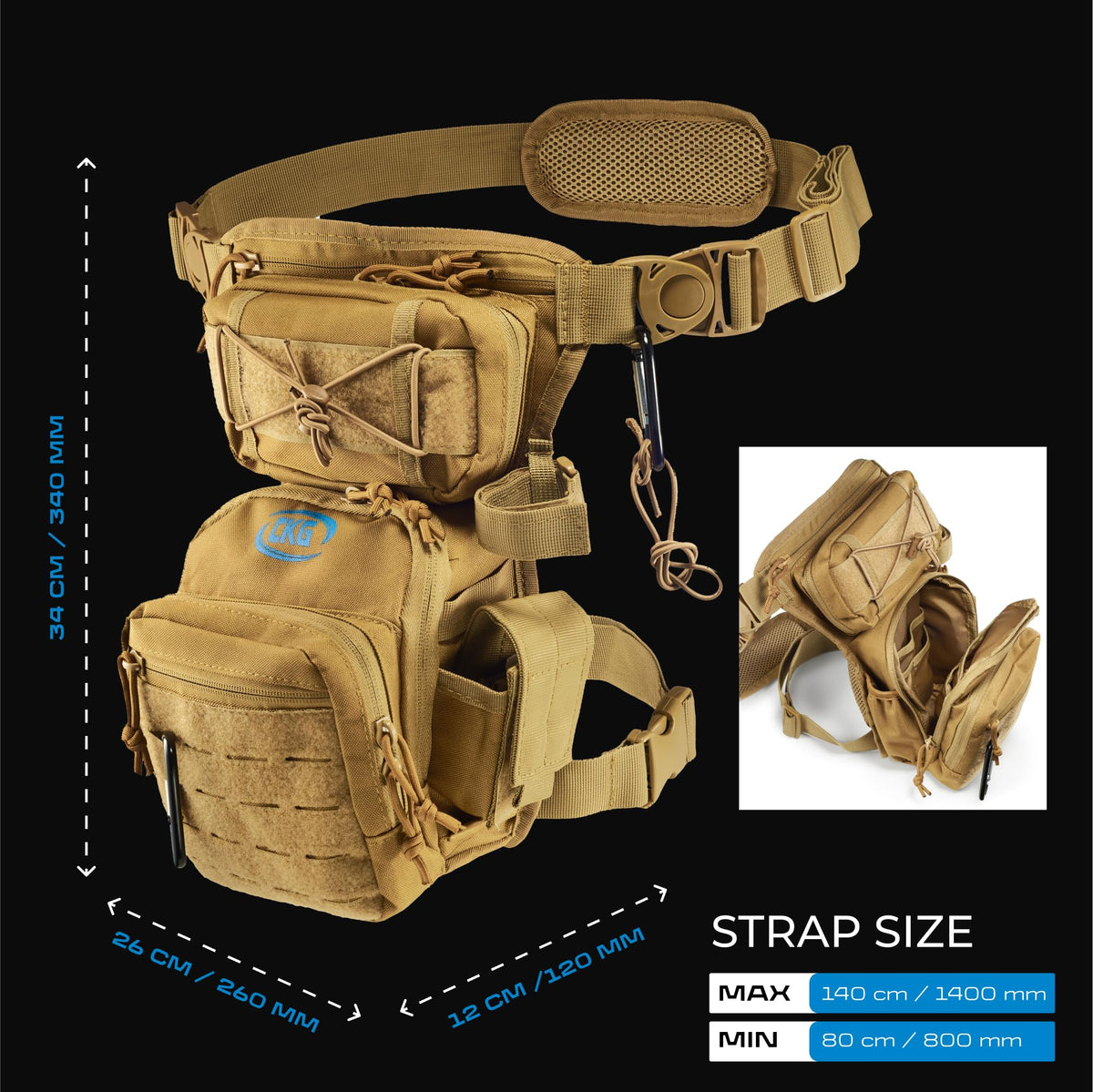 CKG multipurpose tactical thigh bag for metal detecting and fishing.