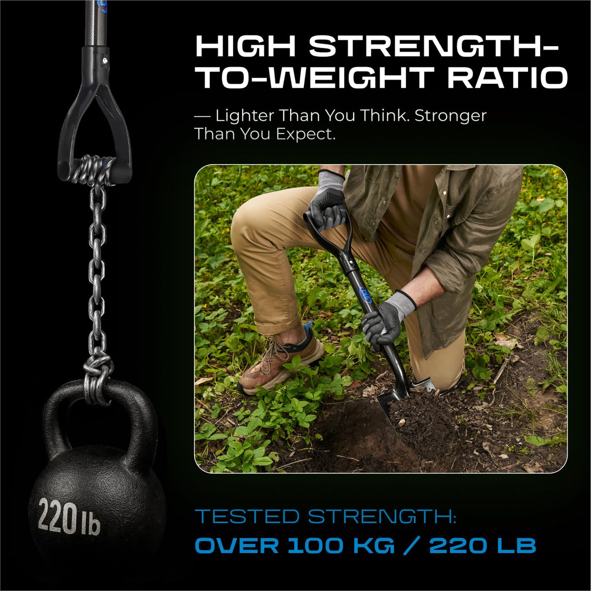 CKG small shovel round-point blade ready for precise trenching during camping.