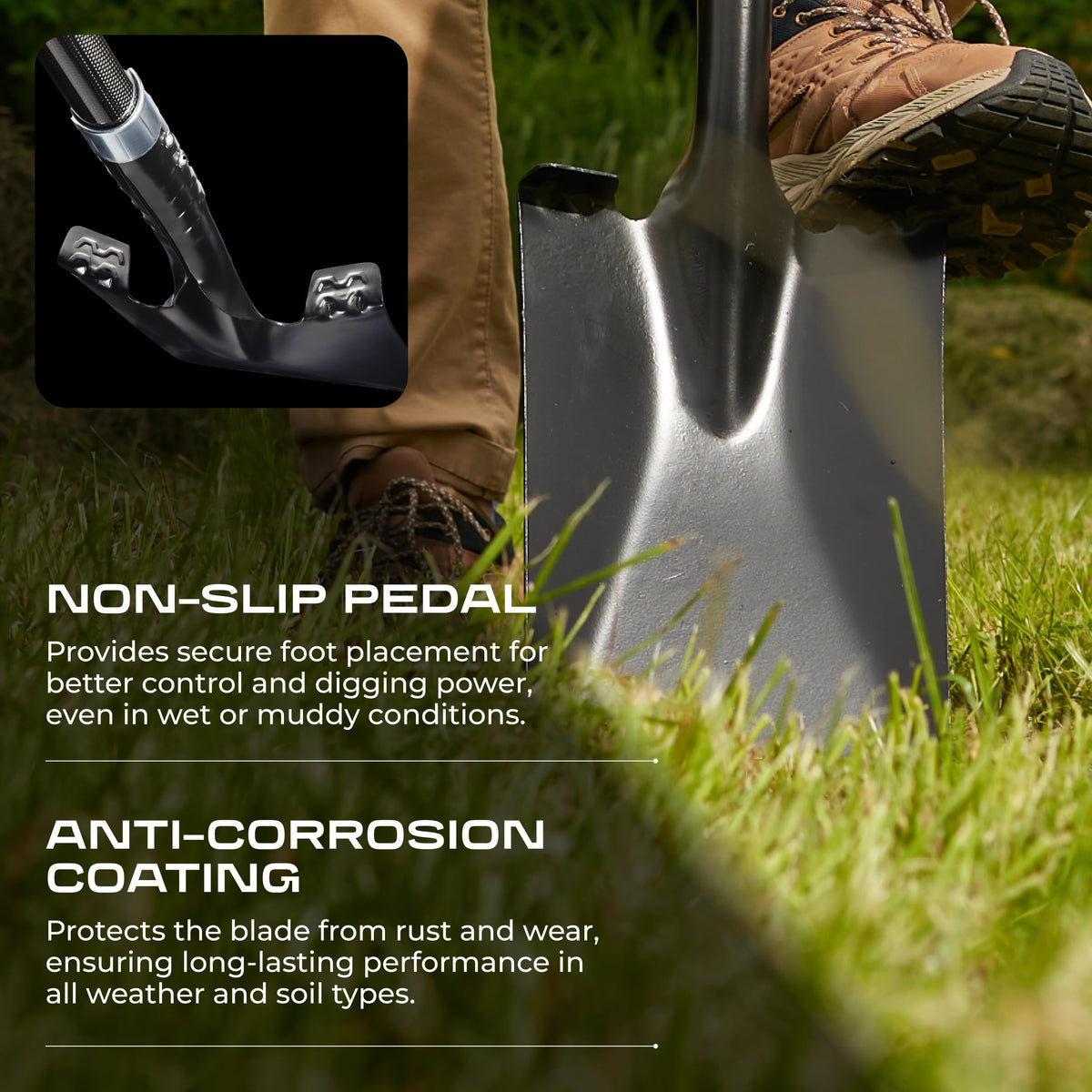 CKG spade with non-slip D-grip for wet conditions
