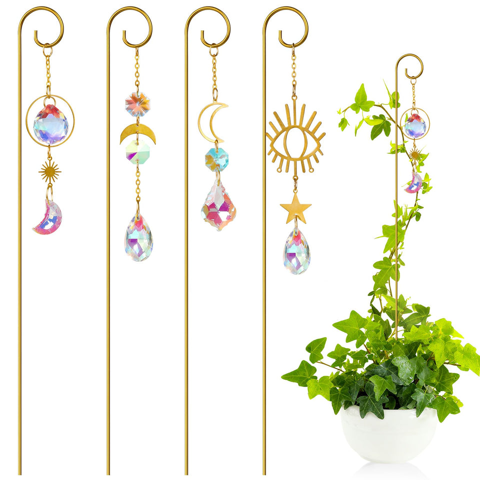 ckujjui crystal sun catcher stand reflecting light on a small potted plant