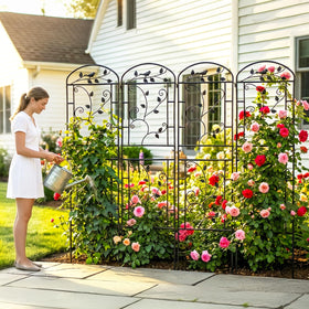 Bird-and-vine motif adds visual interest while guiding plant growth.