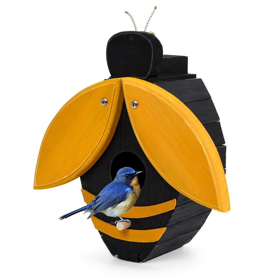 CLACKIBUKVYZ bee-shaped birdhouse front view for garden charm and nesting.